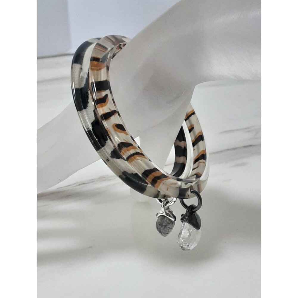 FRANCESCA ROMANA 2 Acrylic Animal Print Quartz Crystal Charm Bangle Bracelet-Vtg